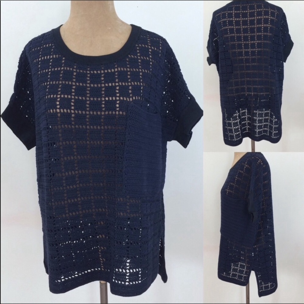 Loma London Oversized Crochet Navy top  black trim NWOT